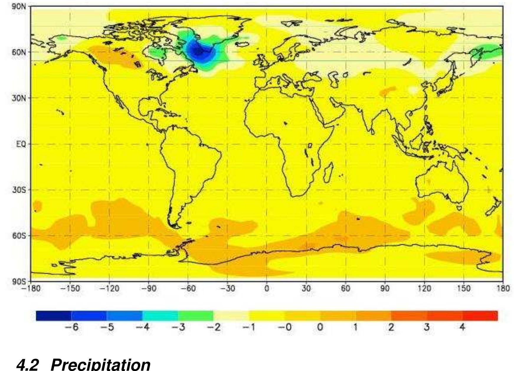 The DJF precipitation difference map is shown in Figure 11. Various patterns of increased and reduced precipitation are found, mainly in the tropics. However, most of these features can not be distinguished from the effect of ra ndom variations. Only the strong reduction of precipitation over the Labrador Sea and the Hudson Bay is strongly significant. A similar feature emerges in the other seasons. Also the DJF -intensification of the ITCZ north of the East Pacific equator is sign ificant, albeit marginally (10%). In JJA and SON, the slight reduction of precipitation over the Artic is significant as well. Everything else can be explained with reasonable likelihood as result of averaging random variations. In particular, in Europe, w here historical evidence is rich, no clear signal emerges. Also the Indian monsoon is not markedly affected in the model.  The model is not capable of reproducing regional -scale (< 10’km?) patterns in a  Figure 10 - Simulated air temperature differences 1675 -1710 minus 1550. 1800 in DJF. Degree K.  these features can not be distinguished from the effect of random variations. Only the 