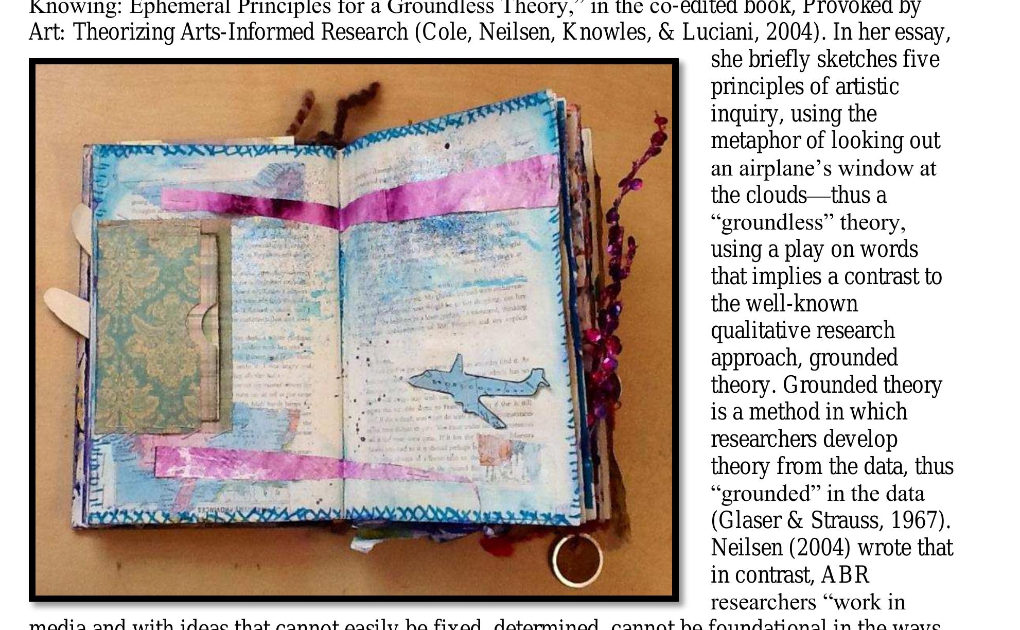 Chapter 1: Flying into the Unknown  Altered Book as Inquiry  [ illustrate the scene I envision as I read her words: I find an airplane stencil, an old map of Canada, and cut out a paper airplane to fly across her cloudy sky. Presupposing our joint capacity for metaphor and meaning, maybe you will see with me: the plane “flies” across the page toward an envelope, through a transcendent sky, towards hidden meaning. 
