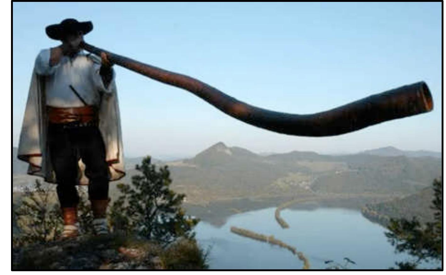 Figure 12: Polish long Trombita  Here is an example of a trumpet probably made from a branch (Figure 12, below):  In the latter form, they are made short, perhaps to resemble an animal (cow, sheep, goat) horn. In this shape, the bell is flared and the instrument is easy to carry. The short length does limit the number ot playable notes of the natural scale. Here is an example of the short form (Figure 13, below): 