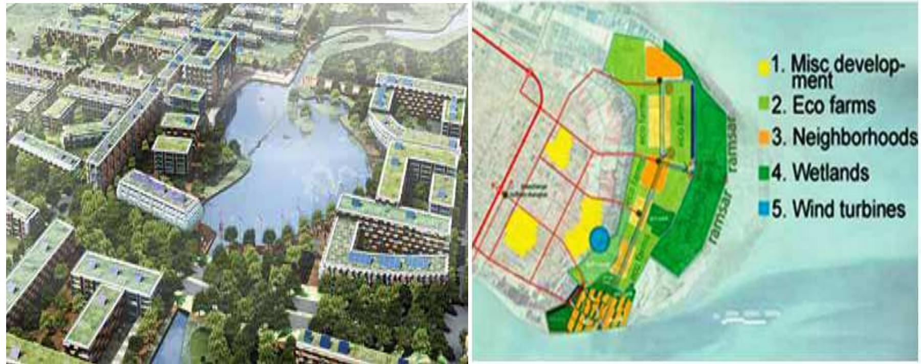 Figure 67 Dongtan Perspective (RECORD, 2006).  SS a ee a A en  Adjacent  urban pla economic the Y angi 20,000 in  80,000 peop  SIIC), the city’s an area three quai  to boomi  ing Shanghai, plans are coming together for  the prototypical city of  which designers argue would be the world’s first truly sustainable new urban  ent. Lon  don-based Arup and the Shanghai Industrial investment branch, have partnered to create a rters the size of Manhattan. The brief calls  nning an constral  nts. Located in sensitive wetlands on Chongmi  ize River  just north of Shanghai, Dongtan’s first ph  nvestment Corporation master plan for Dongtan,  for integrated sustainable d design to create a city as close to carbon-neutral as possible within  ng Island at the mouth of ase, a marina village of  L  habitants, will be unveiled at the 2010 World Expo in Shanghai. By 2020, nearly  neighborh  oods.  e are expected to inhabit the city’s env  ironmentally sustainable 