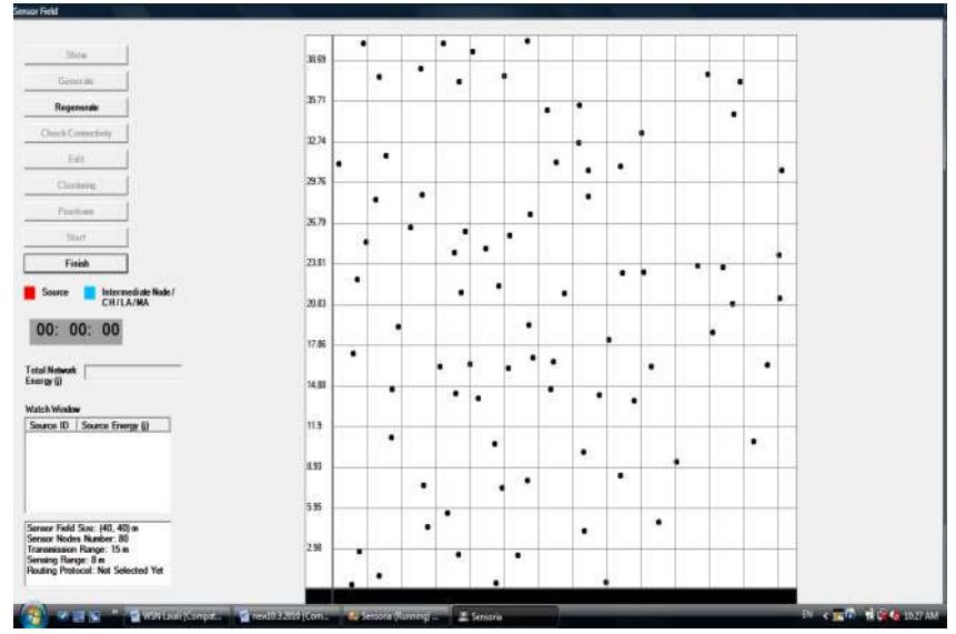 To evaluate the performance of the hierarchal routing protocols, the simulation consists of 80
homogeneous nodes with initial energy of 0.5 Joule, scattered randomly within a 40x40 m sensor
field (see Figure 5). The Base Station is (BS) located at (25,150) m, so it is at least 110 m far
from the closest packets and 248 bit control packets. The energy consumption due to
communication will be calculated using the first order energy model. We assume that each sensor
node generates one data packet per time unit to be transmitted to the BS. For simplicity, we refer
to each time unit as a round. During the simulation process, only a set of sources will be selected
randomly at each round to send their data to the BS. Transmission and sensing range are 15 m
and 8 m respectively.
 Figure 5. Simulated WSN with node distribution, n=80
