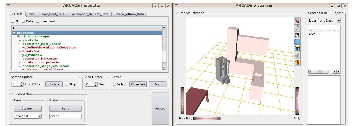 Fig. 3 The ARCADE Inspector lists the tree of all database objects, provides access to the object data and a record functionality. The ARCADE Visualizer provides a 3D visualization of the current system state.  ARCADE provides support for C++ and Simulink (F4.1). Even though an inter- face for high level commands is provided, which could be incorporated into a be- havior framework, no explicit high level language is integrated (F4.2). Even though code documentation is available, no API or user guidelines are provided at the mo- ment (F4.3). While none of the compared architectures in [6] provides real-time support (F4.4), it is the main strength and also the crucial motivation for the devel- opment of ARCADE. While the ARCADE Inspector visualizes each module opera- tion, a graphical tool for the design of control code (F4.5) is not provided (except Simulink). A standard API for software integration (F4.6) is not supported at all. 