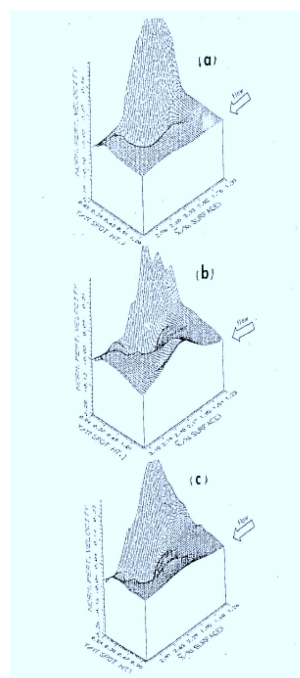 Figure 5. 3-D view of perturbed velocity field at (a) 46 ms, 