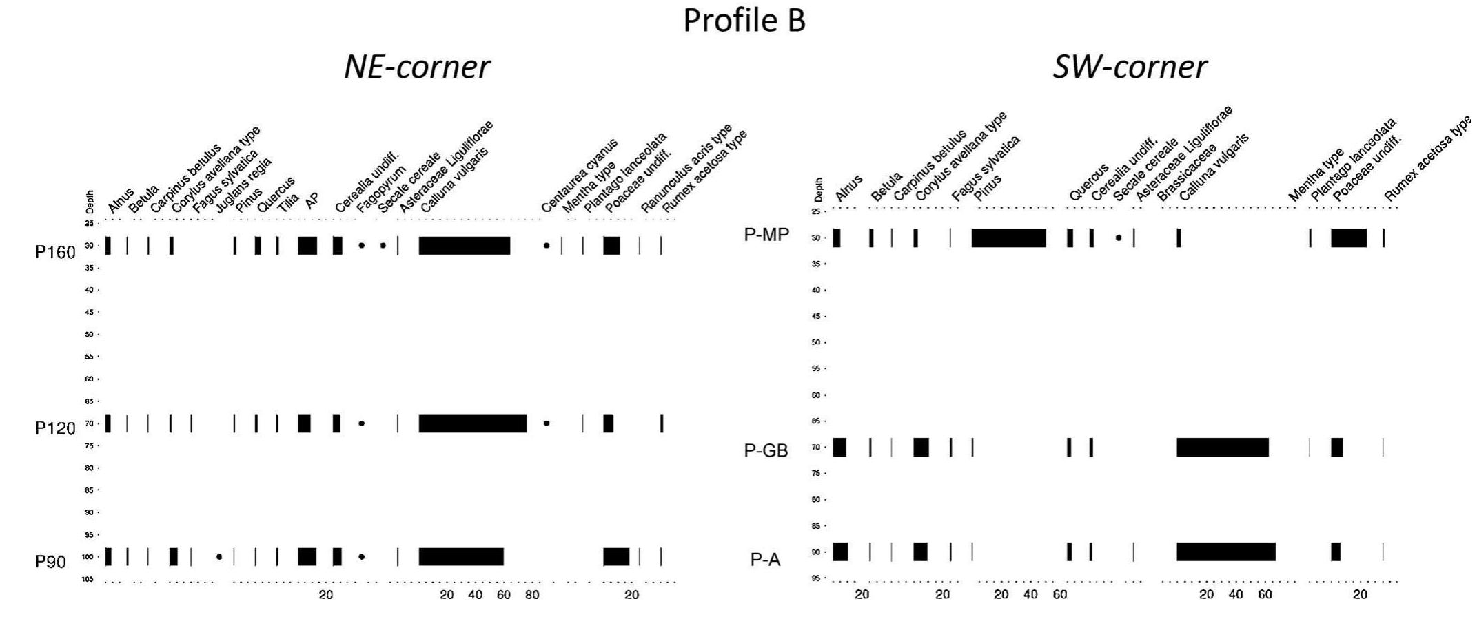 Figure 8. Pollen percentages of selected taxa for the samples indicated in Fig. 3. 