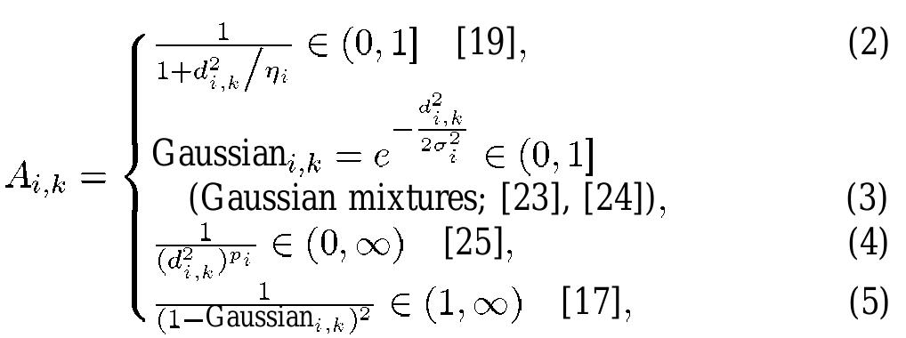 Different A; expressions in the existing literature and consistent with the definition provided above were found to be useful. These include the following:  where dij, = d(X;,7;) is assumed to be the Euclidean distance between input pattern X;, and prototype (receptive field center) 7; of the i-th category. Variables o;, 7; and p; are all scale parameters belonging to range (0, oo) (see [20]). 