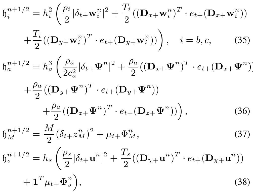 where | - | denotes the Euclidean norm of a vector, and the various difference matrices represent forward spatial difference operators . It is understood that, in the air term, the z derivative be cal- culated everywhere but across the two membranes. The boundary term b” is identically zero. When the system is lossless, and re- flective conditions are applied over the walls of the box, the total energy h"*7/? j  is conserved to machine accuracy. See Sec.|5.1|for details. Otherwise, energy is monotonically dissipated.  
