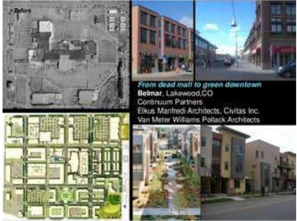 Image 69: Precedent of Failed shopping area redeveloped into a successful urban core. (Source: Retrofitting Suburbia by Ellen Dunham-Jones & June Williamson) 