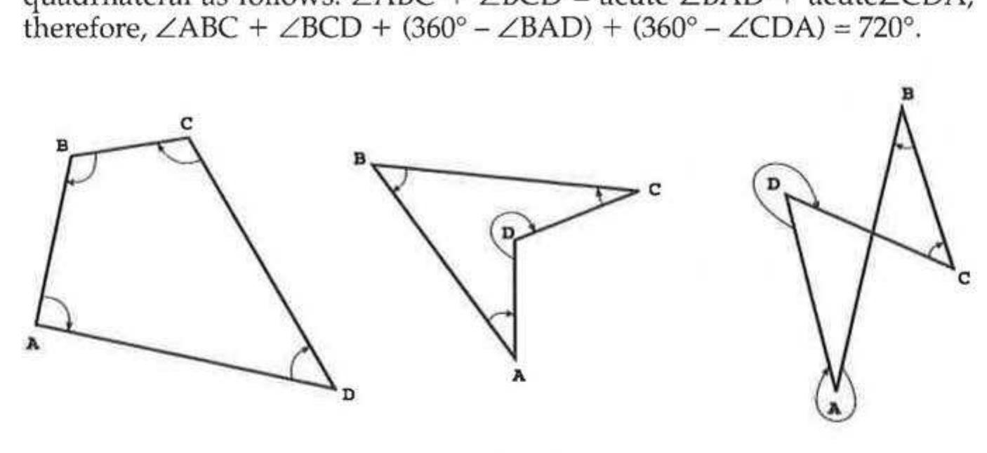detinition to crossea quaaruateralis. (1 nis 1s a strategy oiten used in mat ematics when extending certain concepts beyond their original domai1  Suppose we walk clockwise from A to B, B to C, and so on, arour the perimeter of the convex quadrilateral shown in Fig. 15.11. The intern angle at each vertex will then be the angle through which the next sic must be rotated clockwise (with the vertex as rotation center) to coincic with the previous side. In the same way we can now determine the inte nal angles of the crossed quadrilateral by walking around the perimeter. shown. This leads us to the surprising conclusion that the two reflexir angles indicated at A (360° - ZBAD) and D (360° - ZADC) are the “inte nal” angles of the crossed quadrilateral ABCD.  We can now also calculate the sum of the interior angles of a cross« 