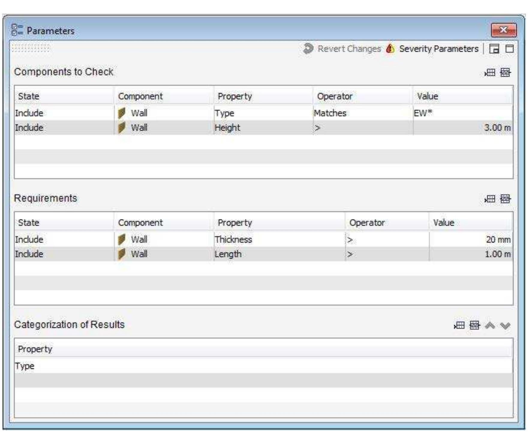 Figure 4.34. Classification of Transmission Loss Walls in Solibri Model Checker v8.1.  Figure 4.35. Property Rule Template with Component Filters rule (SOL/230) in Solibri Model Checker v8.1. 