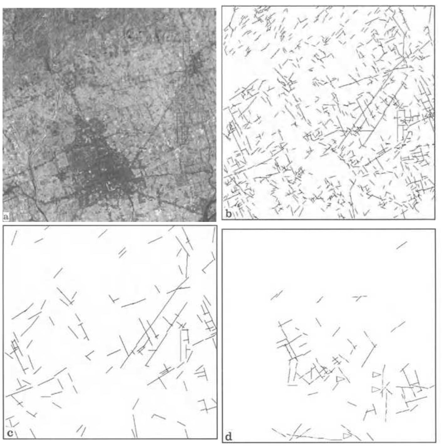 Fig. 5.13a-d. Result of Road Extraction. a Original image; b result of edge clustering; ¢ final result; d another experimental result 
