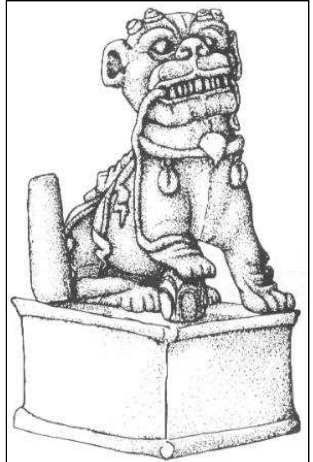 Figure 9: Drawing of one of the smaller pair of Fo Dogs recovered from Port Royal. Drawing: H. Dewolf, INA Newsletter 17 (2).  19 Although kiln evidence at Dehua suggests blanc de Chine was first made in the Song Dynasty (960-1279), its distinctive form was established in the 17th century (Litzenburg & Bailey 2003; Valenstein 1975). 