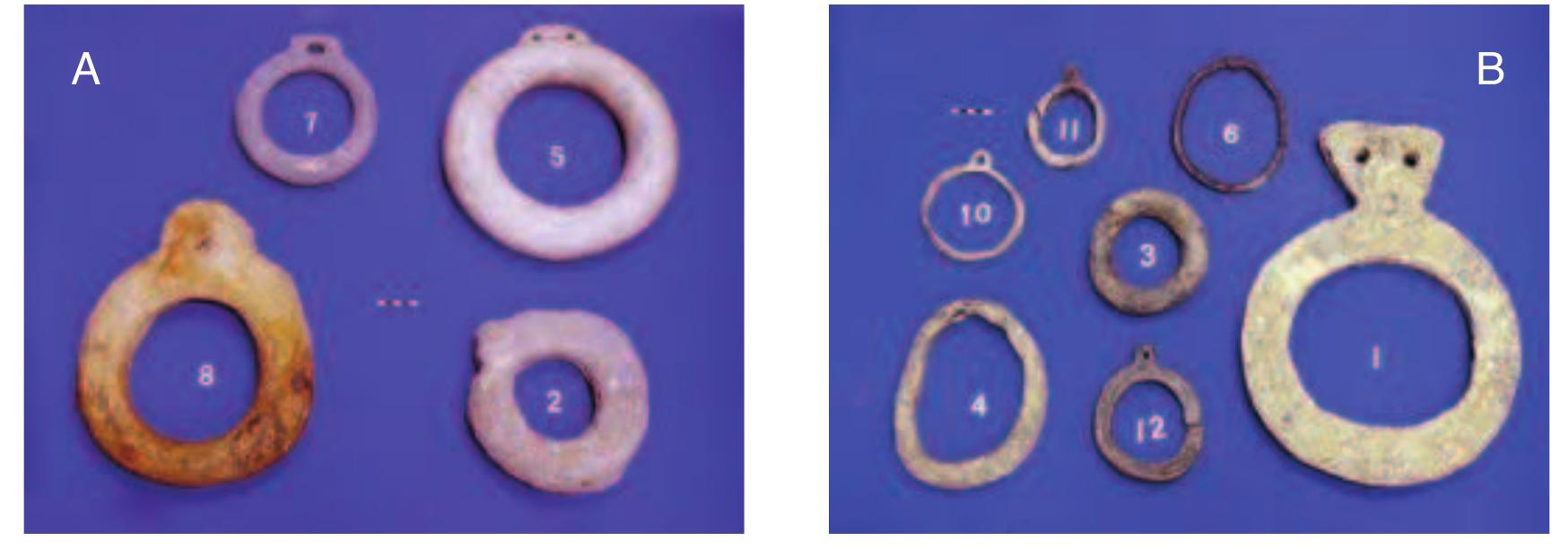 A) Stone salvage rings, and B) lead salvage rings from Israel (E. Galili). 