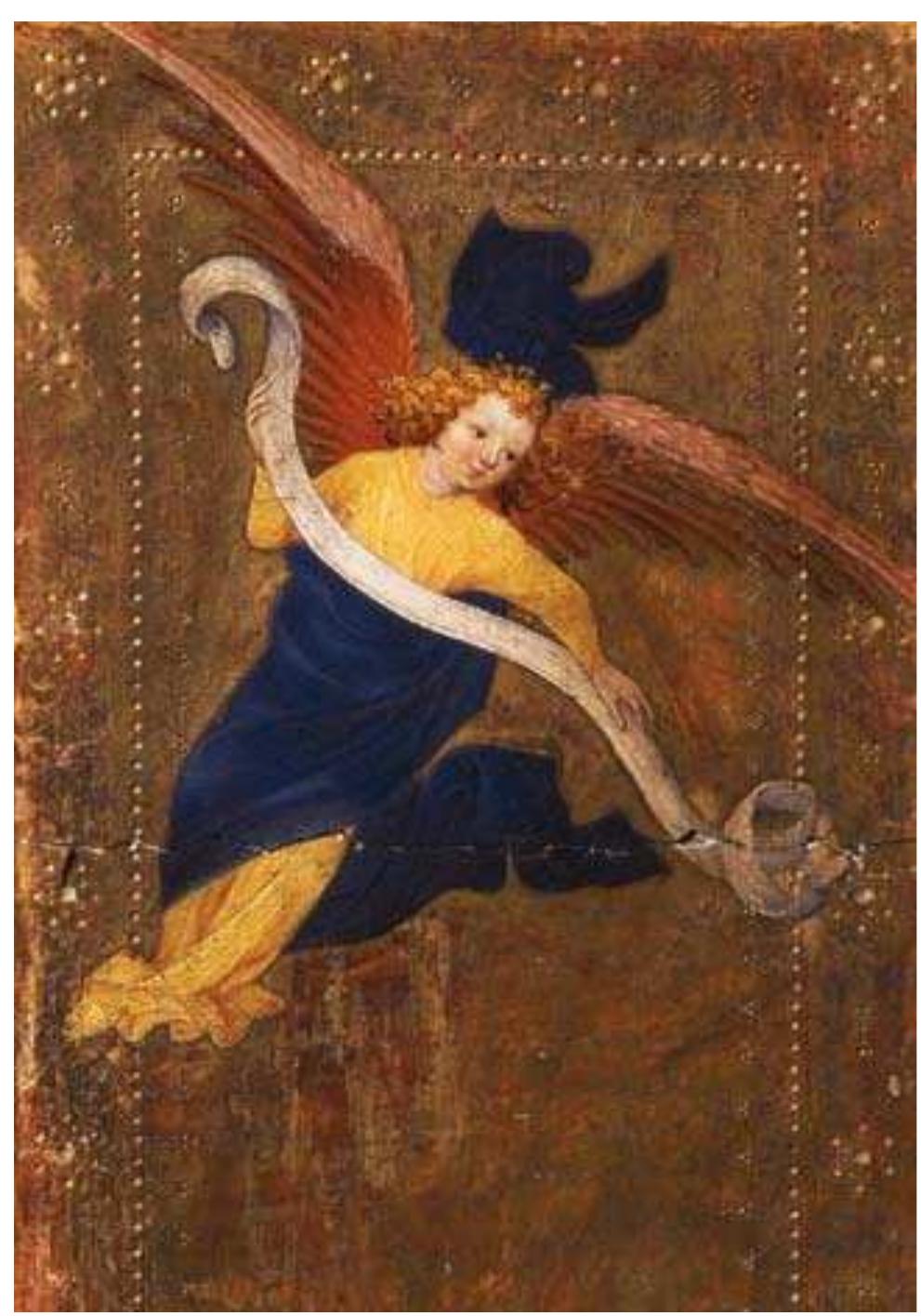 FIGURE 16. Crucifixion altarpiece (see Fig. 5): the angel's robe is painted with lead-tin yellow which has been identified as type II. Photograph: Institut Royal du Patrimoine Artistique (IRPA), Brussels. 