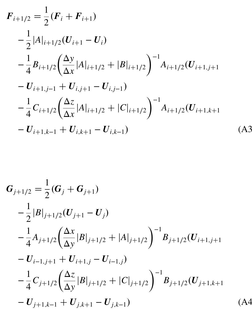 where Fj41/2, Gj41/2, and H;+1/2 denote the flux functions at the interfaces perpendicular to the x, y, and z axes, respectively. Then, following the same steps as in Secs. II-V, it can be shown that the proposed flux functions at the interfaces correspond to 