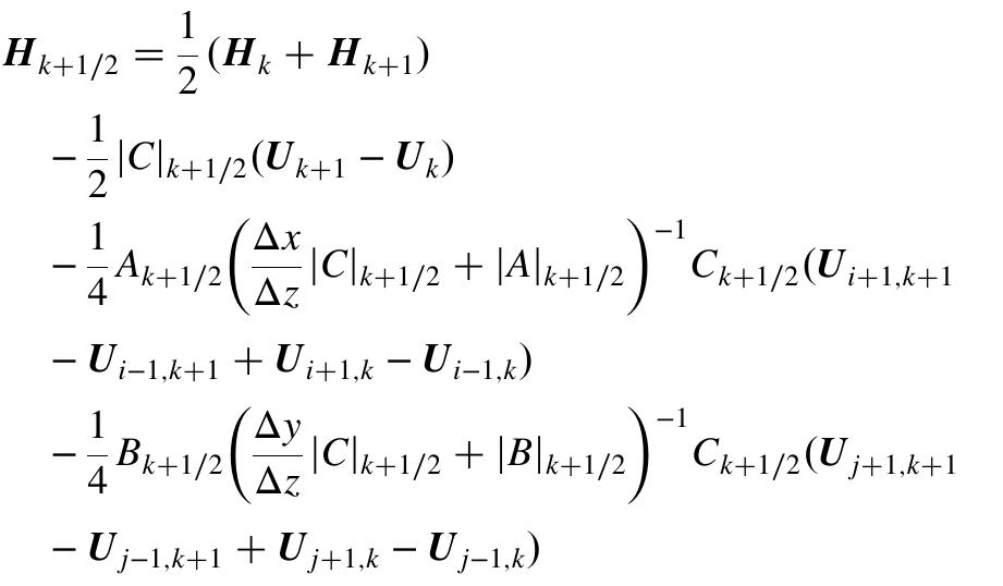 In the latter, A, B, and C correspond to the flux Jacobians, whereas |A|, |B|, and |C| correspond to the Roe matrices along x, y, and z, respectively. 