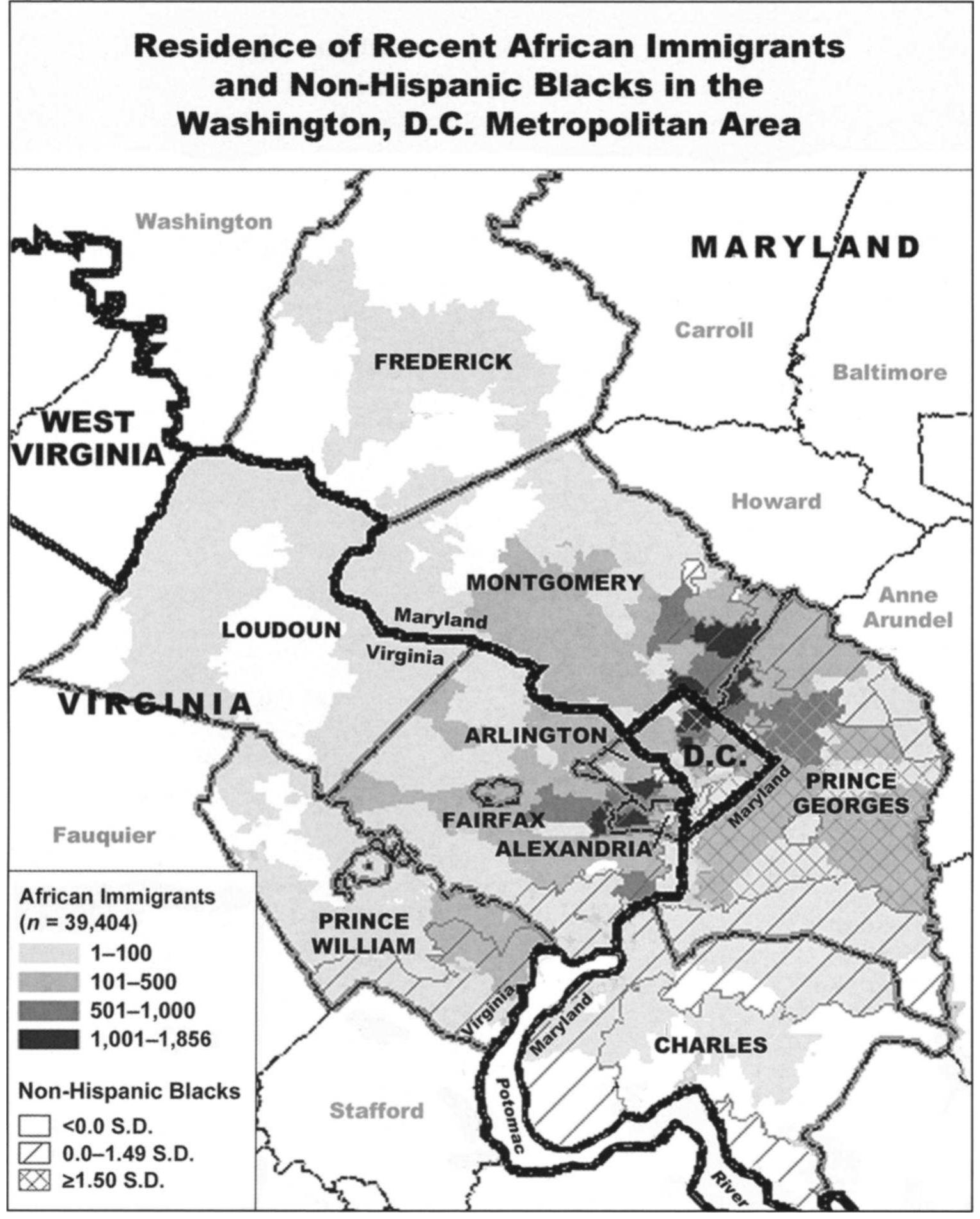 Fic. 1—Intended residence of recent African immigrants, compared with the distribution of the non-Hispanic black population in the Washington, D.C. metropolitan area. Sources: Administrative data from the U.S. Immigration and Naturalization Service for fiscal years 1990-1998; U.S. Census Bureau 2002. 