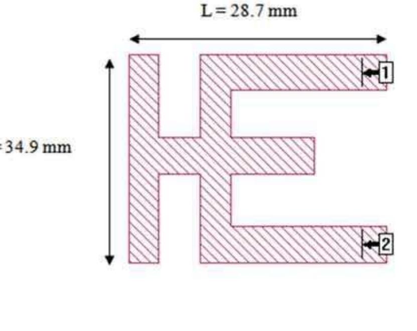 Figure 1. Top view of the Connected E-H shaped antenna  The Connected E-H shaped microstrip patch antenna is simpler in construction. The geometry is shown in Fig. | with box wall port which is the most common types of port that use reference plane to removes the effects of the transmission line effect. Patch is designed and simulated over Sonnet Software is a planar 3D electromagnetic simulator.  The proposed Connected E-H shape microstrip patch antenna design parameter is shown in Table I. 