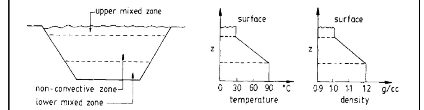 Fig. 1: Principle of Solar Pond (Three Zones of Solar Pond and Salt Gradient)  through but reduces the heat loss from the hot lower convective zone to the cold upper convective zone. Heat transfer throug this zone is by conduction only. 