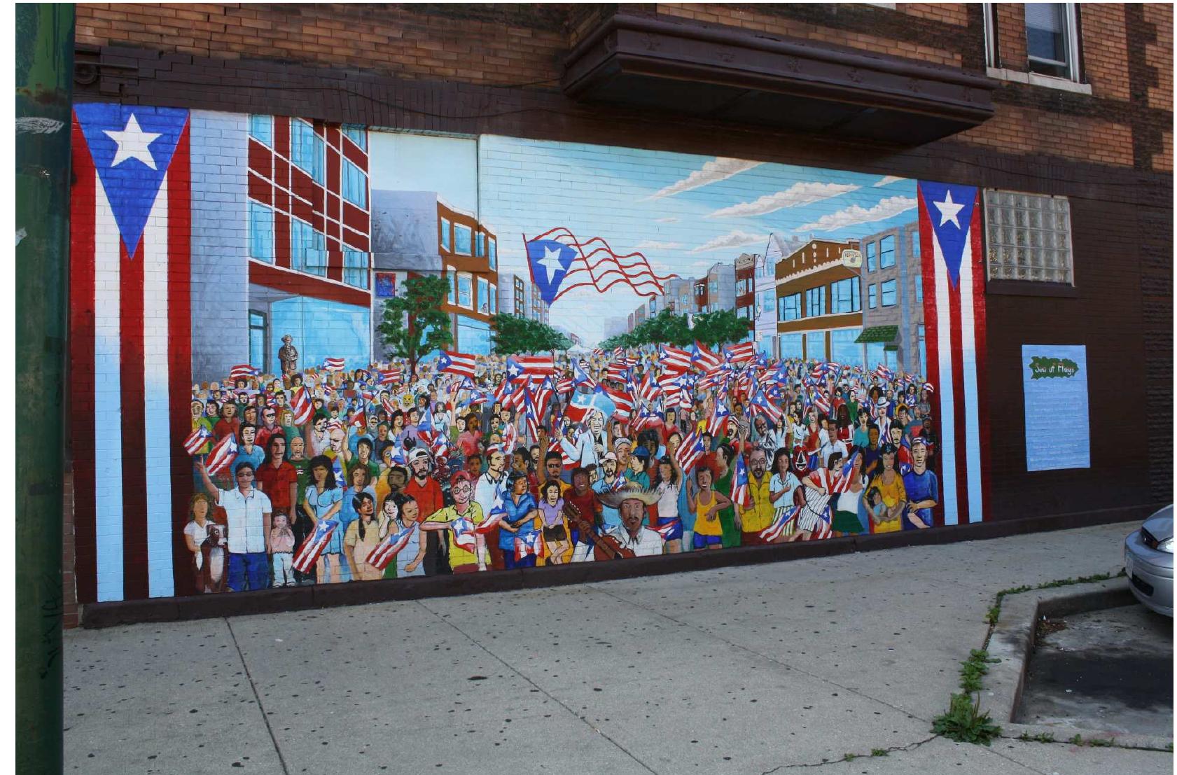 The Chicago public art movement was well organized. They hosted artists from other countries and cities, published manuals on how to prepare exterior walls for painting, and held workshops to train community members in the selection of paints well suited to the often harsh winters common in Chicago. In many ways, the institutionalization of this movement, often with the support of non-profit organiza- tions, led to a professionalization of the practice of public art and public art instruction, even as the actual execution of the art projects themselves required community support, and as time progressed became a part of the political and social fabric of many of Chicago’s communities (cf. Rogovin).  Latino urban murals in Chicago and elsewhere represent civil rights struggle as a visual narrative and become the subject of community social movements as the buildings on which they are often painted continue to be the target of urban renewal and gentrification. Both urban renewal in the decades of the 1960s and 1970s and 