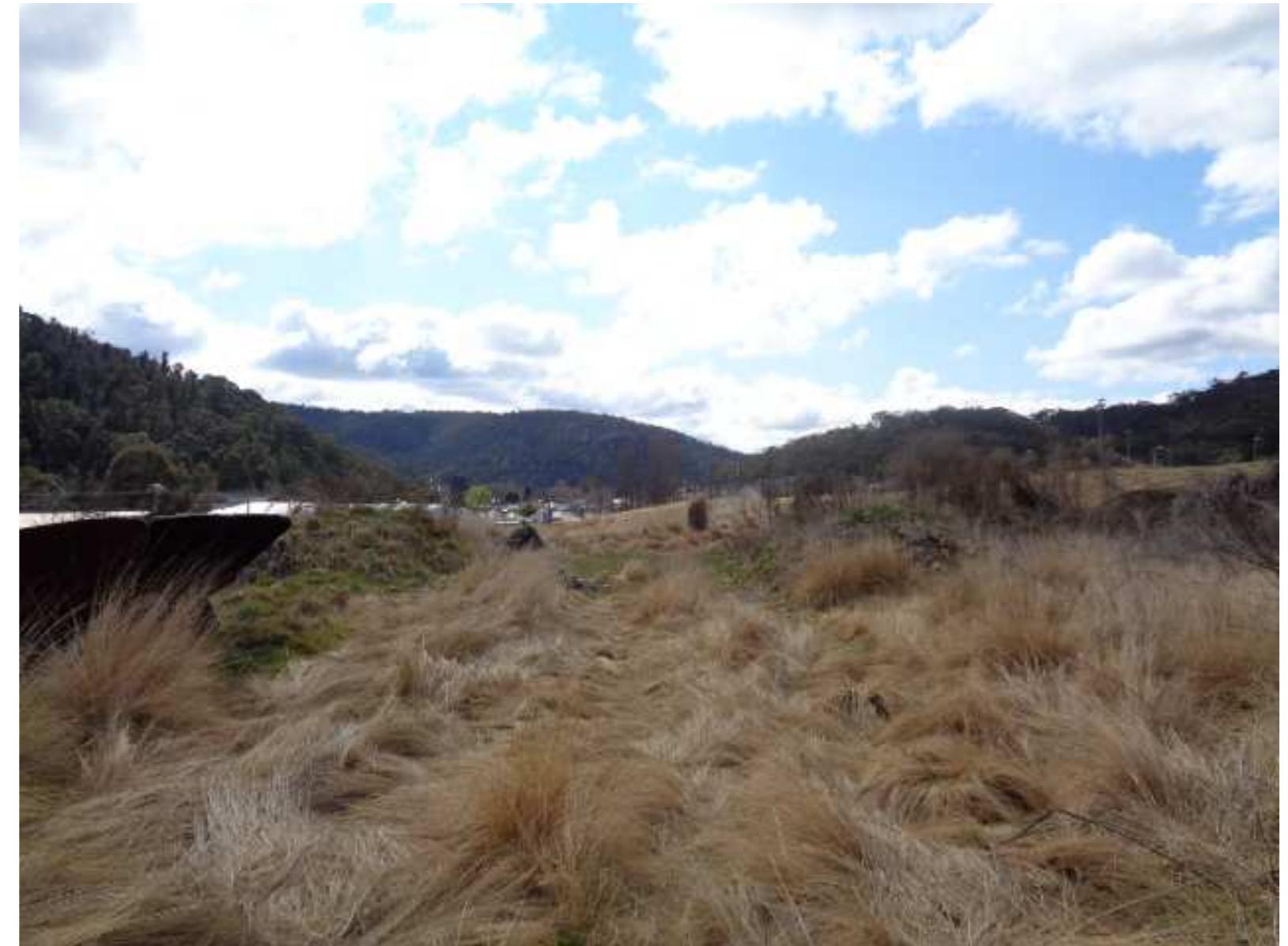 Plate 3.31: View east along the formation of the coal sidings.  The formation for the coal siding is clearly visible on the northern side of the western end of the Belgian coke ovens. Much of the formation beyond this point appears to have been obliterated by earthworks. The coke siding has been mostly buried to provide road access along the northern side of the Great Western Railway. Earthworks for the headshunt of the coke sidings are intact, and the headshunt area contains remnant sleepers and discarded railway dog spikes. 