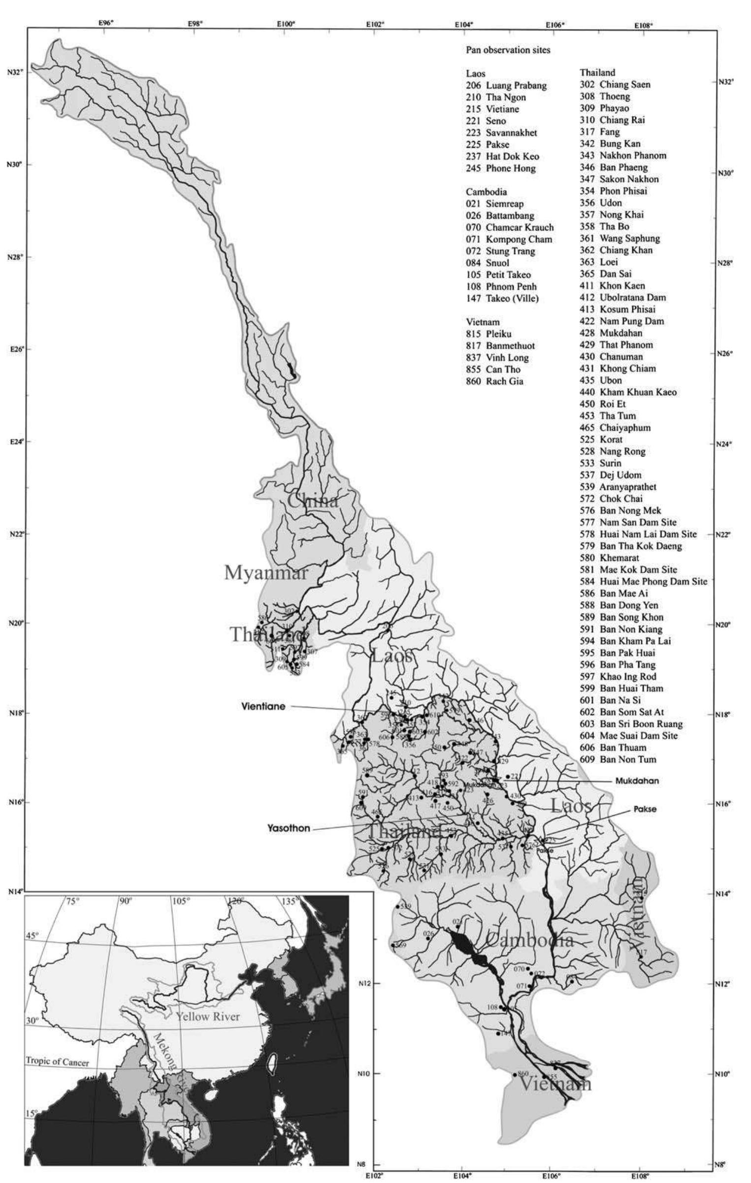 Figure 3. Mekong River basin. The solid points indicated by the numbers are pan observation sites and stars hydrological stations. The pan observation sites are located in the Lower Mekong basin, most in Thailand. 