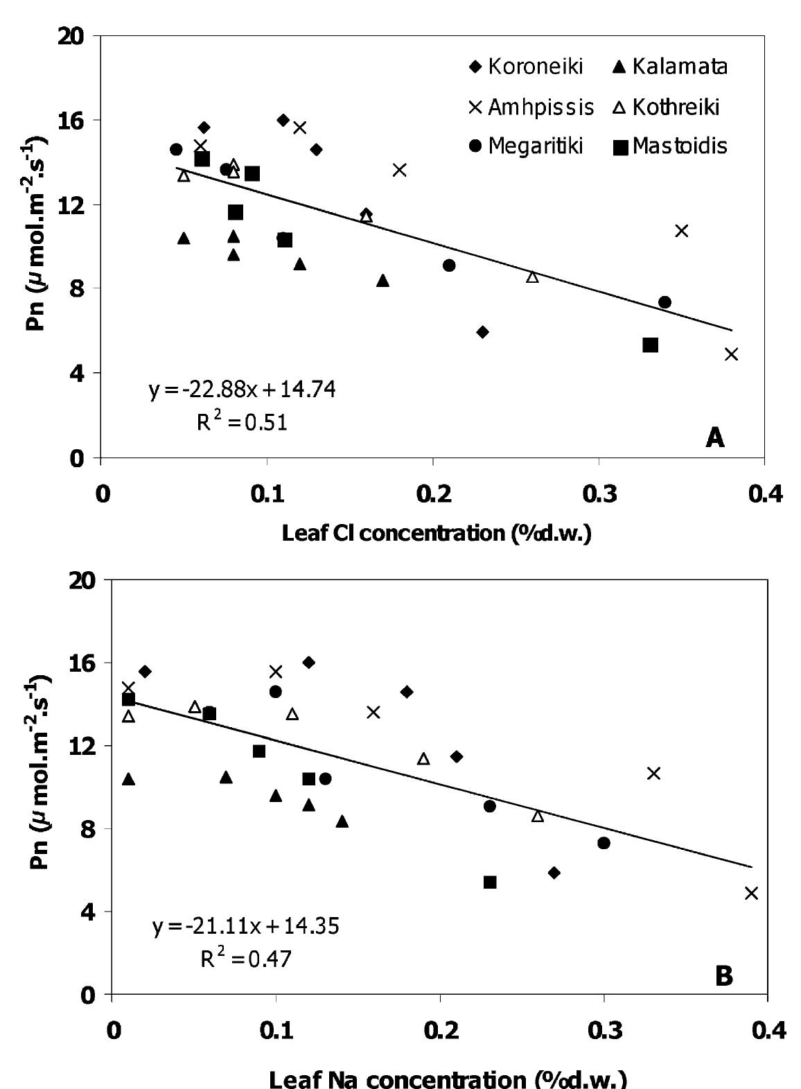 Fig. 5. Relationship between CO, assimilation rate (P,) and leaf concentrations of Cl (A) and Na (B) in six olive cultivars exposed to NaCl salinity. 