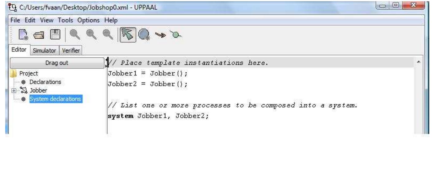 Fig. 1.7 Declaration of system components.  At this point, we have not specified in our model how the choice between the transitions from location begin to location easy, average or hard is made. Also, we have not specified how the choice between the transitions from loca- tion average to location work_av_mallet and work_av_hammer is made. Choices for which the model does not specify how they are resolved are called nondeterministic. Nondeterminism is very useful for maintaining a high level of abstraction in descriptions of the behavior of physical systems and machines [6]. 