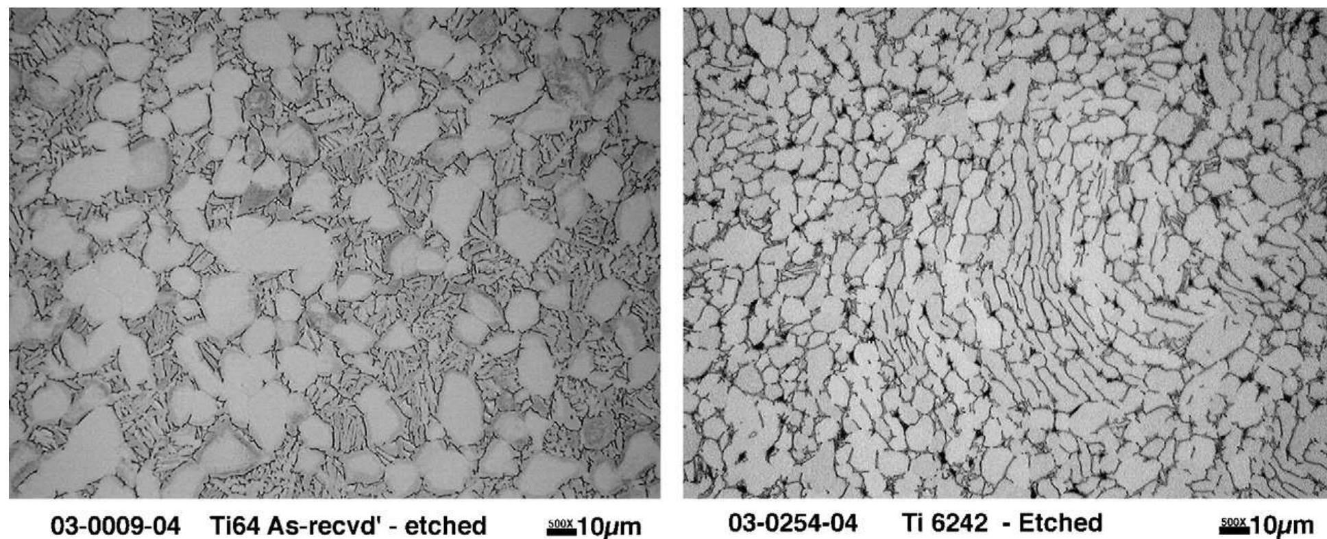 Fig. 1. Microstructures of Ti64 (left) and Ti6242 (right). 