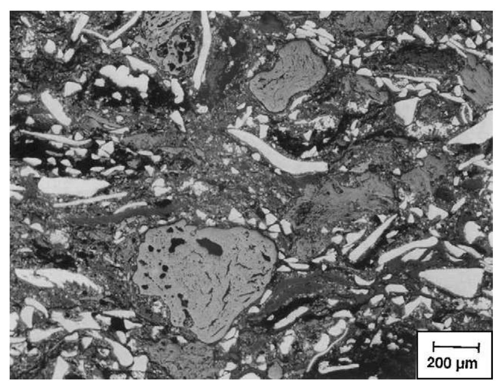 Fig. 3. Polished cross section of Jurid 539, a proprietary pad material, showing a complex combination of additives such as metal chips, ceramic fragments, fillers, carbon particles, and a binder phase.  Fig. 2. Microstructure of the thermally sprayed composite coating used in this work. 
