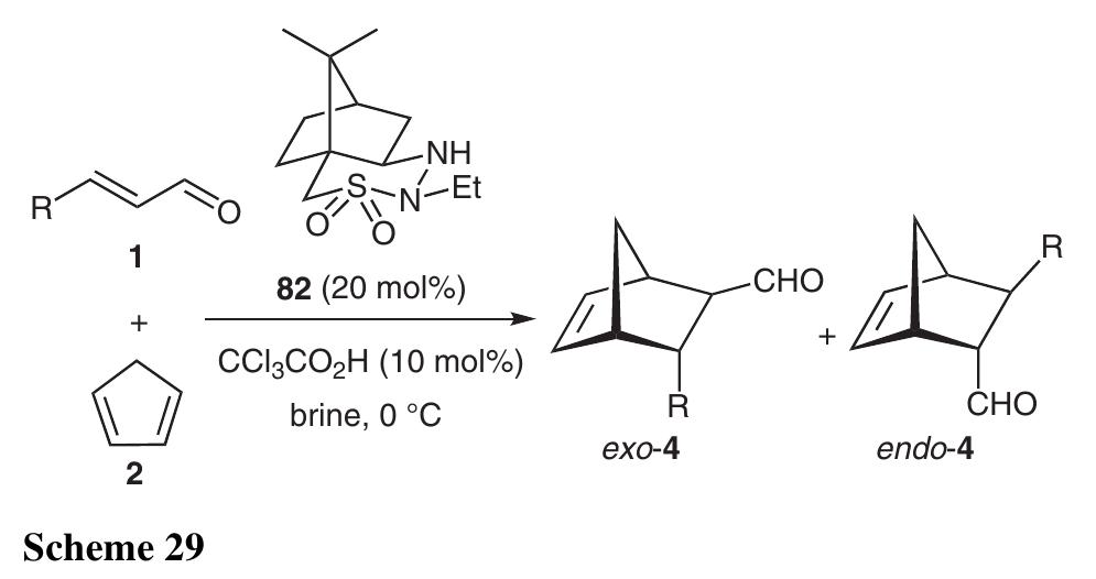 Lee and co-workers have demonstrated that cyclic sulfo- nyl hydrazine 82 in the presence of 10 mol% of trichloro- acetic acid is also an efficient organocatalyst for the reaction, giving rise to good chemical yields and high enantioselectivities for both aliphatic and aromatic a,,B- unsaturated aldehydes 1 (Scheme 29, Table 17).©  Table 17 Organocatalytic Diels—Alder Reaction Catalyzed by 82 