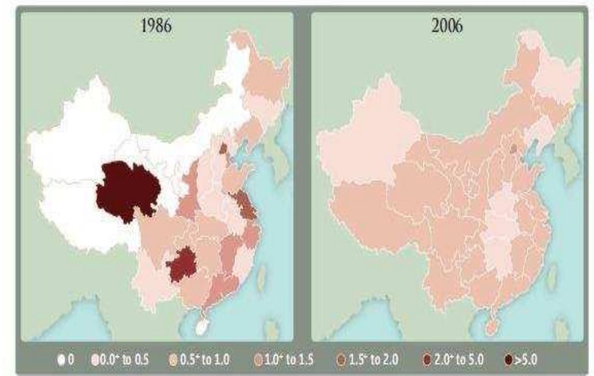 Regional relative scientific and technological advantage by patent grant year. The regions are 22 Chinese provinces, five autonomous regions [Tibet (Xizang), Guangxi, Xinjiang, Inner Mongolia, and Ningxia], and four municipalities (Beijing, Tianjin, Chongging, and Shanghai), The two special administrative regions (Hong Kong and Macau) are not considered part of domestic China because of differences in their historical and technological developments, patent filing, and reporting systems.  grant year. 