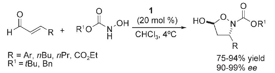 Scheme 25. Aza-Michael reaction of N-protected hydroxylamines to enals catalyzed by 1 and subsequent 1,2-addition to afford 5-hydroxyisox- azolidines.  The aza-Michael reaction, in which an amine is added to the B-position of a carbonyl compound, has found a multitude of applications in organic synthesis.” The resulting B-amino carbonyl compounds are constituents of many natural prod- ucts and can be used as chiral intermediates for the prepara- tion of pharmaceutical agents. For example, Cérdova et al. reported the conjugate addition of simple N-hydroxy carba- mates to enals with high yields and enantioselectivities in the presence of 1 (Scheme 25).!”! In this case the Michael  adduct underwent intramolecular 1,2-addition to furnish 5- hydroxyisoxazolines. This approach complements the first metal-induced'”! and metal-free!”*! catalytic contributions on the conjugate addition of carbamates to o,$-unsaturated car- bonyl compounds. 