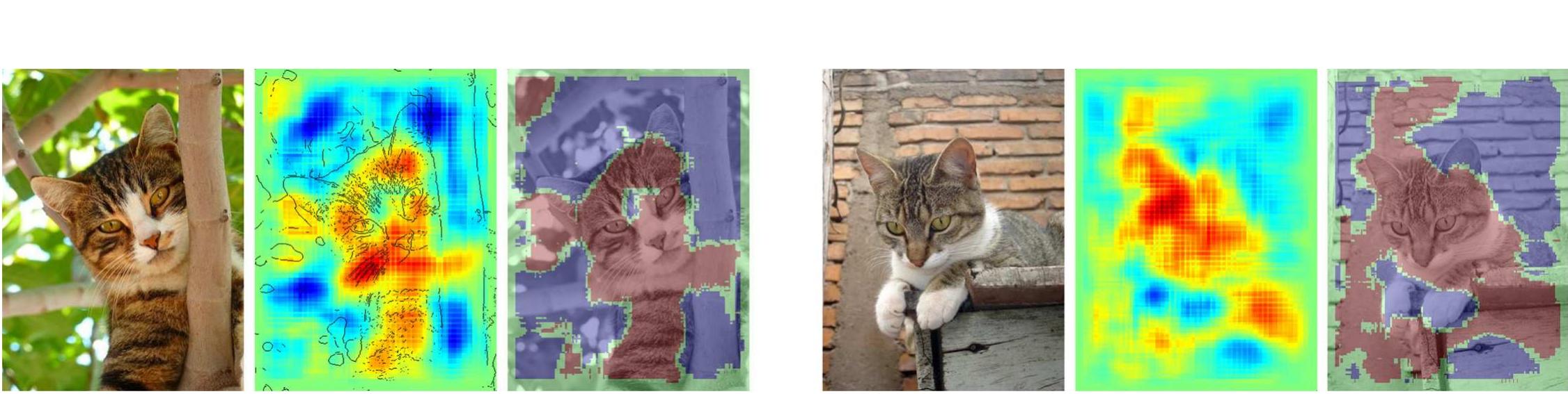 Fig 10. Pixel-wise decomposition for Bag of Words features over a histogram intersection kernel using the layer-wise relevance propagation for all subsequent layers and rank-mapping for mapping local features. Each triplet of images shows—from left to right—the original image, the pixel-wise predictions superimposed with prominent edges from the input image and the original image superimposed with binarized pixel-wise predictions. The decompositions were computed on the whole image. Positive responses seem to exist for certain fur texture patterns, see also the false responses on the wood and the plaster in the second example which both have similar texture and color to a cat’s fur. Images by Pixabay users LoggaWiggler and Holcan. 