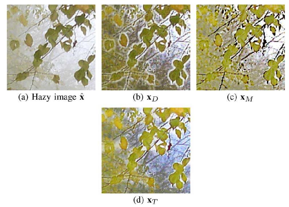 Fig. 2. Examples of occlusion boundaries. (a) Original image. (b) Dehazed using unrefined DCP method (9). (c) Dehazed using our proposed MDCP method (12). (d) Dehazed using method from [14]. Notice in (b) and (d) that there are halo artifacts around the leaf edges. The halo artifacts are not as dominant in (c). (a) Hazy image x. (b) xp. (c) xy. (d) xr. 