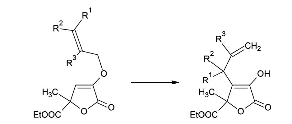 Figure 2. Synthesis of /-allyl-substituted isotetronic acids via Claisen rearrangement in a microreactor and sealed tube. Adapted from ref 24.  Another example of a Claisen rearrangement was reported by Wang and co-workers.** The thermal Claisen rearrangement of O-allyl-substituted isotetronic acids in xylene was successfully performed in microreactors at 150 °C. Different fused silica microcapillaries (ILD. 250, 320, and 530 wm) were used. The efficiency of the microreactor was tested at different temper- atures (110—150 °C) and residence times (10—50 min). The yield was improved significantly with the increase of the temperature: ~10, 30, and 80% at 110, 130, and 150 °C, respectively, at 30 min residence time. The optimal conditions were found to be as follows: a temperature of 150 °C and a residence time of 40 min, resulting in a maximum yield of 89%. The analogous rearrangement reaction performed in a sealed tube resulted in only 86% yield of the desired product at 170 °C and 22 h reaction time. The experiments with the number of substituted substrates confirmed the superior performance of the microreactor (Figure 2, Table 1). Whereas yields from the 