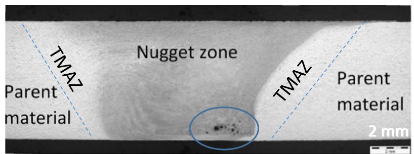 Fig. 20. Macrograph of a FSW butt-joint transverse cross-section showing a dis- tribution of wormholes at the advancing side, illustrating scenario IV. This type of defect can also be easily observed by the proposed method, as shown in Fig. 21.  We now illustrate the above discussed scenarios for five dif. ferent samples. The results for the other studied samples can be classified in one of the above mentioned scenarios. In all cases, a C scan contour image and a 3D representation of the average signa power data is shown, along with cross-section macrographs wher appropriate. To guide the eye, the TMAZ lines have been indicatec in the figures, and the region of interest for the identification o root weld defects is thus the area between the TMAZ lines (are: between —5 and 5mm from the weldline center). As can be observed in most figures, the coarser nonequiaxed grains of the parent material systematically result in a merely chaoti 