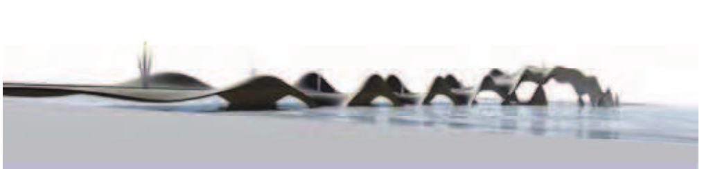 Figure 5: Bridge based on a Jacobi Elliptic function (image by Steven Swain)  For the third stage they chose as their site, the mouth of a Corio bay off Port Philip Harbour that had once been proposed for the site of a freeway bypass. They proposed an inhabited bridge in the tradition of the Rialto, Ponte Vecchio or Old London Bridge. In this case they speculated that the private public partnership would mean that the small scale private housing on the bridge would contribute to funding the huge causeway, bridging over a shipping canal at its midpoint. 