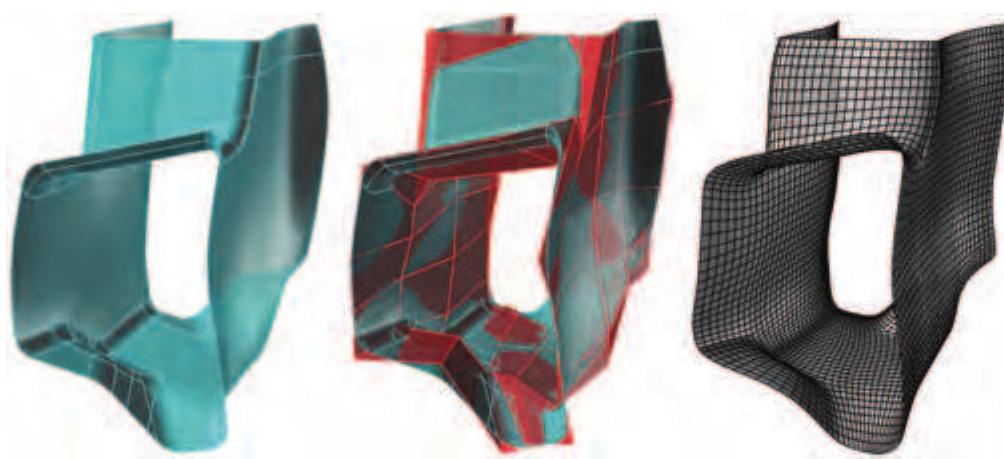 The manual remodeling approach tries to match the given surface best by means of the interactive design procedure mentioned before. Additionally, the given freeform-surface will be used as a reference in subdivision modeling (Fig 5). An appropriate coarse representation has to be created manually, by laying out an initial mesh resembling the given surface and editing its vertices such that the subdivided mesh will approximate it as good as possible. The similarity between the given surface and the subdivided initial mesh depends on the initial mesh's connectivity as well as on its resolution.  Figure 5: Manual Surface Remodeling. An initial mesh (middle, red) is manually matched to a freeform reference (left). Right: the subdivided planar result. 