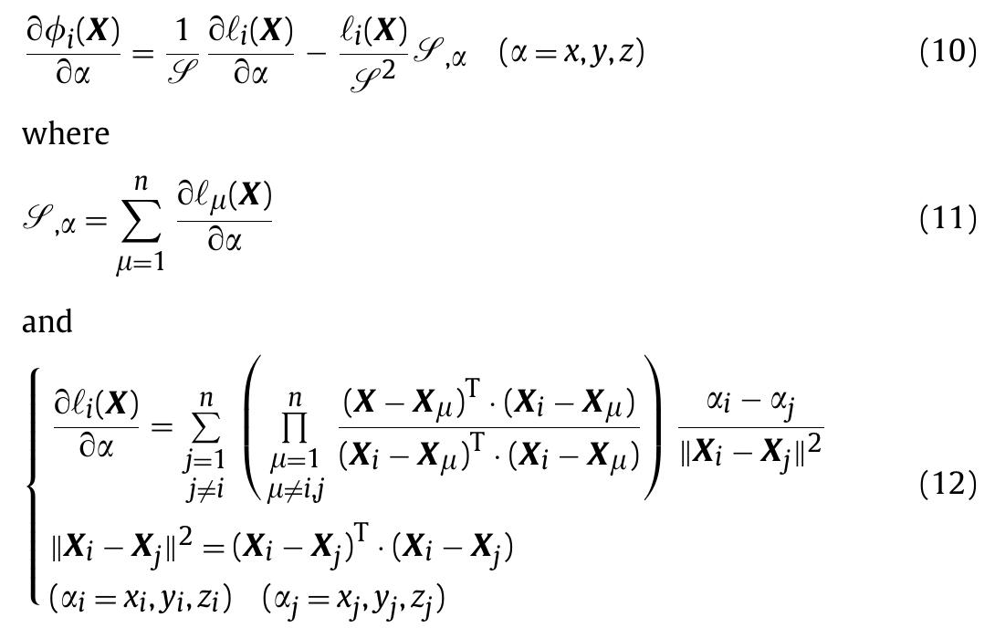 From Eq. (6), the first-order derivatives of the Lagrange shape func- tions are calculated as  Higher order derivatives can be obtained by the chain rule, but in this paper we only need approximate function and its first-order derivatives. Continuity and reproducing properties of the multivari- ate Lagrange interpolation method has been studied in [34]. Two sets of shape functions constructed using different number of nodes as shown in Figs. 5(a) and 6 are plotted in Figs. 5 and 7. The shape functions were obtained in the way described in Section 2.1 using a set of given nodes. From the figures, it can be observed that, both the shape functions and their first-order derivatives are continuous. 
