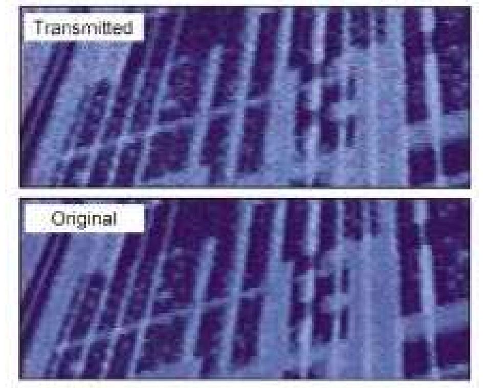 Fig. 6. Section (250 x 100 pixel) of a captured television picture after trans- mission (upper part) and the original picture (lower part), using the setup of Fig. 5. 