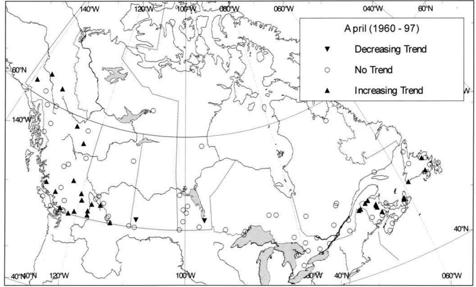 Fig. 4. Trend results for the April flow for the 1960-1997 study period.  of the Atlantic climatic region while increasing trends occur in the east part of the Atlantic climatic region.  These regional patterns agree with results from Zhang et al. (2001).  Fig. 3 shows the results for the date of the end of ice conditions for the 1960-1997 study period. Table 2 reveals that this variable also exhibits more significant trends than are expected to occur by chance. As can be 