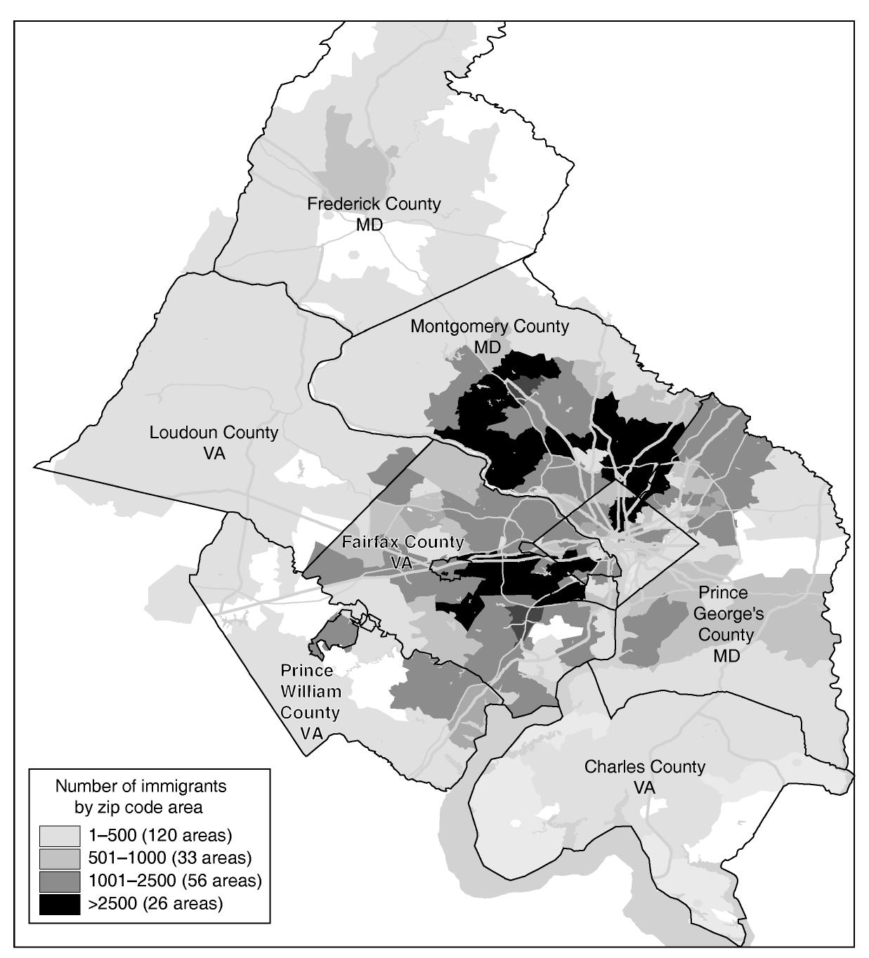 Fig. 2. Distribution of recent immigrants in metropolitan Washington, DC. Of the zip code areas, 23 show  no immigrants. Source: Administrative data from the U.S. Immigration and Naturalization Service for fiscal years 1990-1998. 