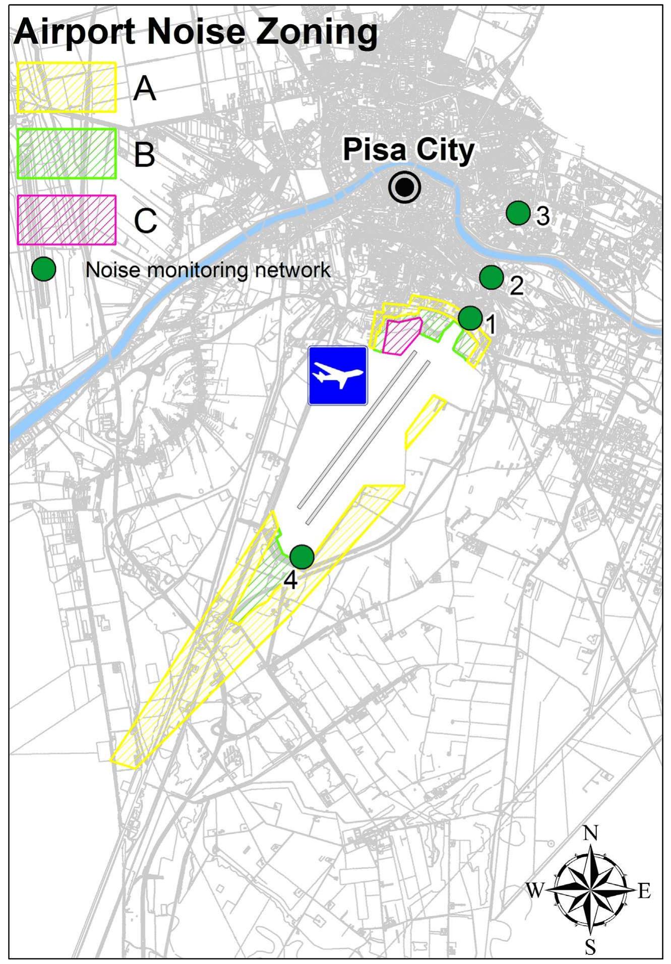 Fig. 4. Airport noise zoning at Pisa: zone A (Ly, < 65 dB(A)); zone B (65 dB(A) < Ly, < 75 dB(A)) and zone C (Ly, > 75 dB(A)) 