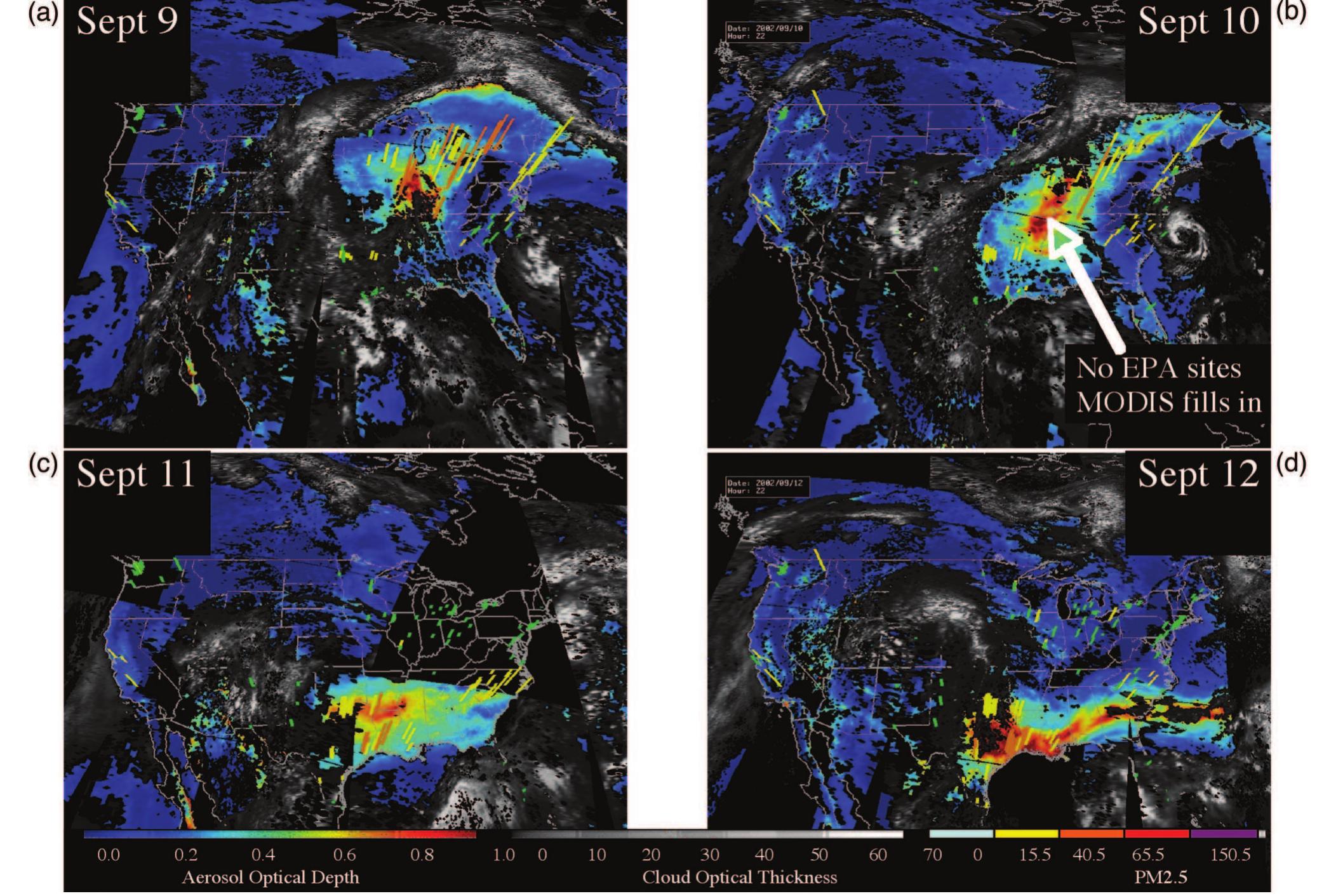 Figure 5. Example of MODIS gap filling from a smoke plume that was generated in Washington but impacted the southeastern United States on (a) September 9, (b) September 10, (c) September 11, and (d) September 12, 2007. Clouds are shown in shades of gray in which white denotes an optically thick cloud. The spatial distribution of MODIS AOD is shown in color and the vertical bars are PM... from the EPA network color coded according to concentrations. The panel for September 10 shows that there was a region where no ground-based Speciation Trends Network samplers (shown by the vertical histograms) were available but the MODIS AOD data filled in the gap. Reproduced with permission from Chu et al.229 Copyright 2008 SPIE. 