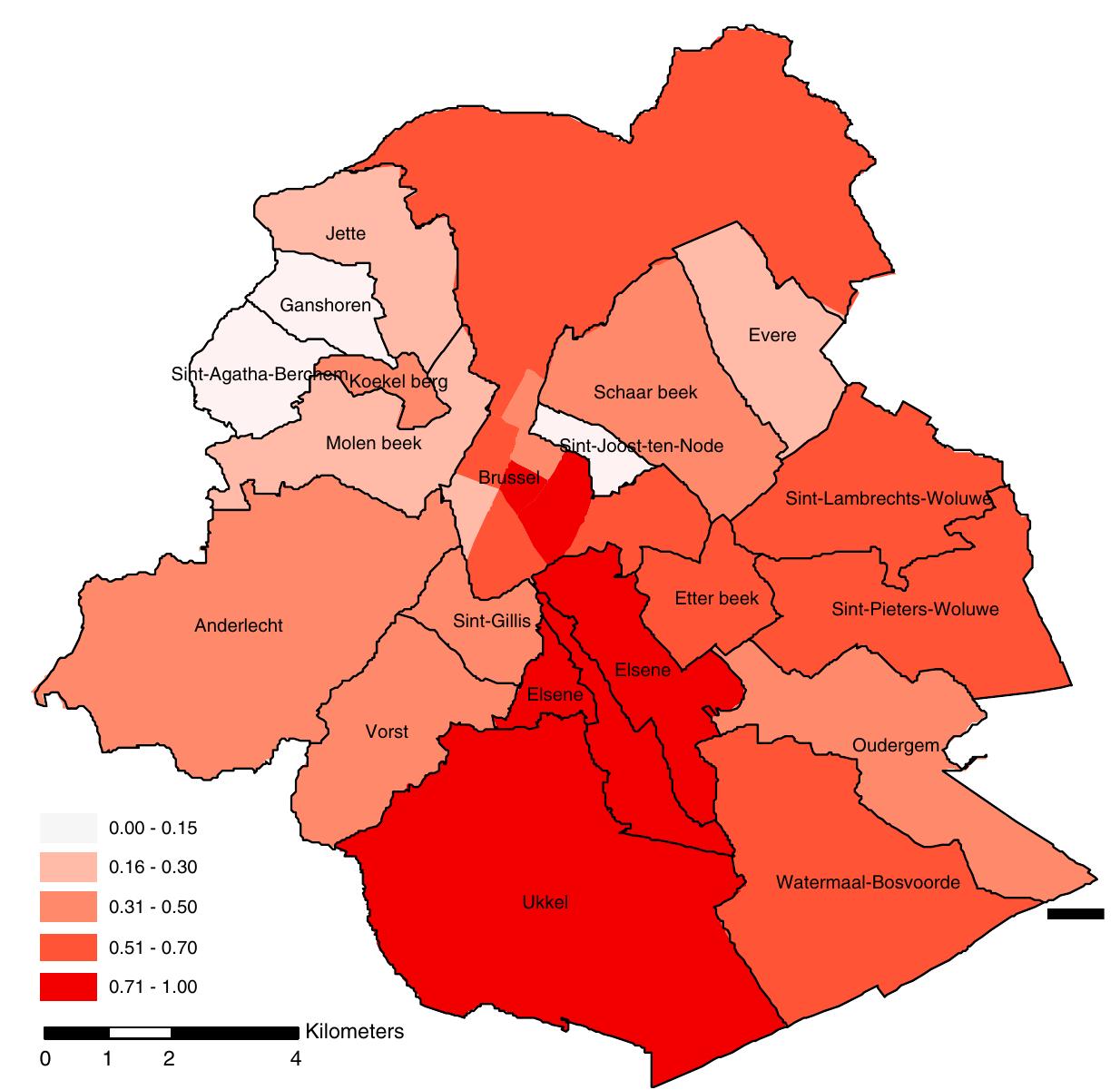 Fig. 18. Ranked preference scores for neighbourhoods in Brussels by French speaking students (high scores = positive perception of the neighbourhood). 