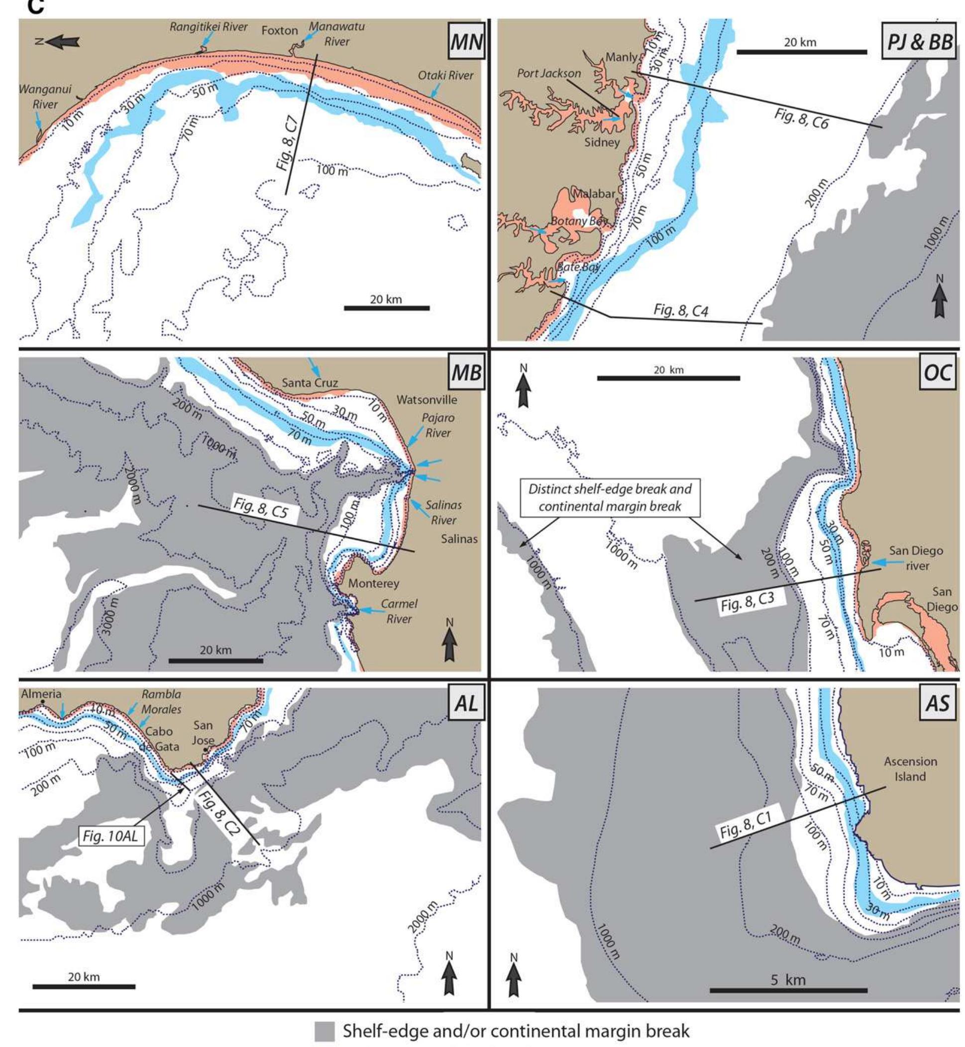 Rhone delta, a compound clinoform interpretation is also supported by Holocene sediment isopach and grain-size maps published by Gensous and Tesson (1997), Tesson et al. (2000) and Labaune et al. (2005).  Australia coastlines; Field and Roy, 1984). In most examples, it is possi- ble to distinguish a subaerial delta clinoform at the shoreline, a subaque- ous delta clinoform in the middle of the shelf, and a clinoform marking the shelf edge (shelf-prism or continental-margin clinoform). In most of the examples presented here, maps of Late Holocene sediment thick- ness support the interpretation of actively accreting clinoforms situated at the three present-day breaks in bathymetric gradient (e.g., Nittrouer et al., 1986; Gensous and Tesson, 1997; Michels et al., 1998; Cattaneo et al., 2003, 2007; Liu et al., 2004, 2007; Lobo et al., 2005; Yang and Liu, 2007; Le Dantec et al., 2010). Below, we summarise four represen- tative and particularly well-documented examples of recent delta-  Bathymetric contours and cross sections in Figs. 7-10 have been drawn using the Global Multi-Resolution Topography dataset of Ryan et al. (2009), and areas of relatively steep gradient on the inner-to- mid-shelf have been highlighted in the maps by grey shading. These steep areas form shoreline-parallel belts that generally correspond to the foresets of actively accreting clinoforms, although in some cases they may correspond to steep erosional surfaces (e.g., south-eastern 