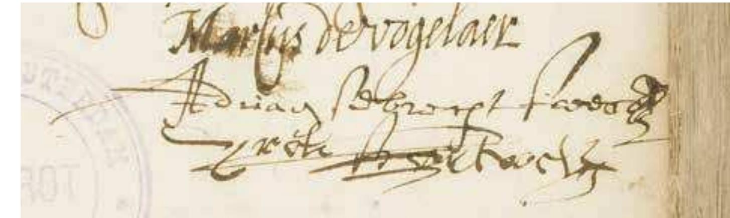 Figure 13. Dirk Hartog’s signature from a freight contract to Archangel for his ship Dolfijn with Marcus Vogelaer and Adriaen Sybrecht Faes, 15 May 1615. Stadsarchief Amsterdam, Archief van de Notarissen ter Standplaats Amsterdam, access no. 5075,  inv. no. 8 (Jan Franssen Bruijningh), no. 140 (Minuutacten en afschriften: Band 78: 19 March—7 October 1613):78—79 (A29257000086).  Figure 12. Dirk Hartog’s signature from a freight contract for his ship Dolfijn with Wessel Schenck, 3 March 1612. Stadsarchief Amsterdam, Archief van de Notarissen ter Standplaats Amsterdam, access no. 5075, inv. no. 8 (Jan Franssen Bruijningh), no. 127 (Minuutacten en afschriften: Band 65: 24 November 1611—18 August 1612):78— 78v (KLAB09549000084). 