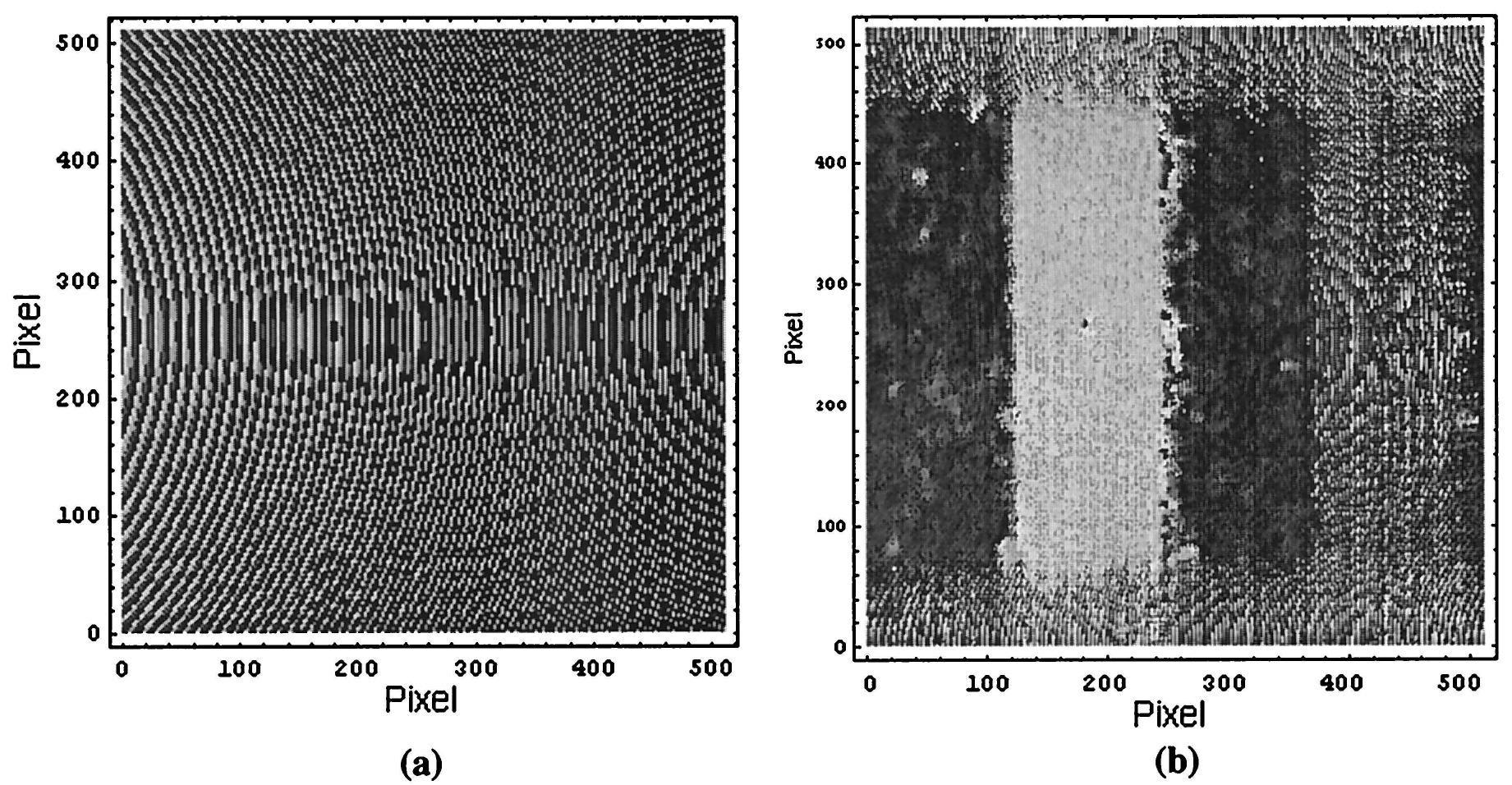 Fig. 6. (a) Wrapped phase modulo 27 of the correction wave front calculated at the CCD plane by a manual digital adjusting procedure, (b) phase-contrast image of the silicon waveguide in which the inherent curvature has been completely compensated. 
