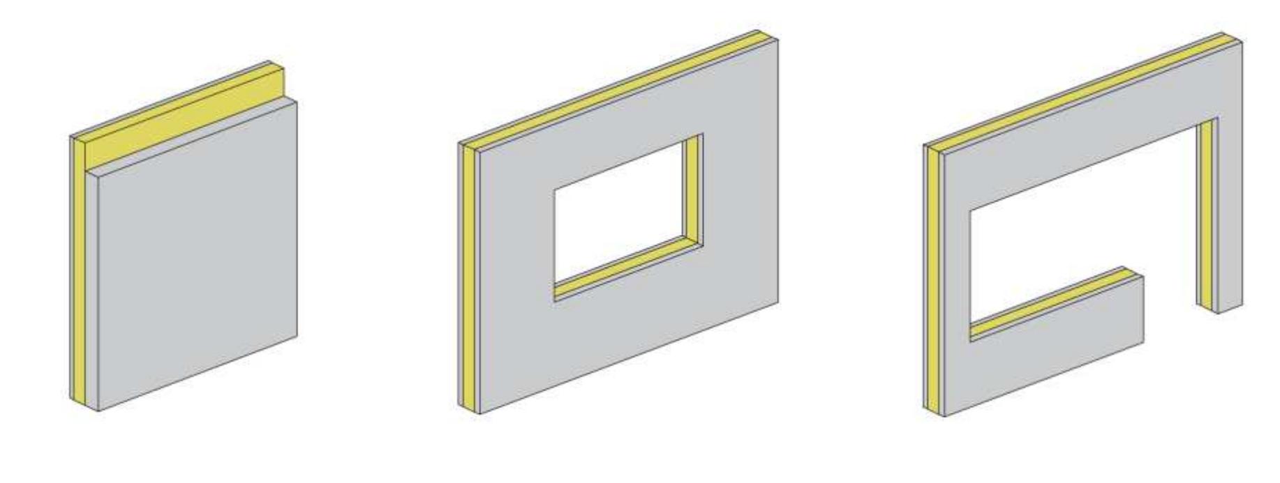 Figure 12. Main panel types from left to right: blind load-bearing panel; typical non- load-bearing panel with a normal window, non-load-bearing balcony back wall panel.  4.5 Types of wall panels 