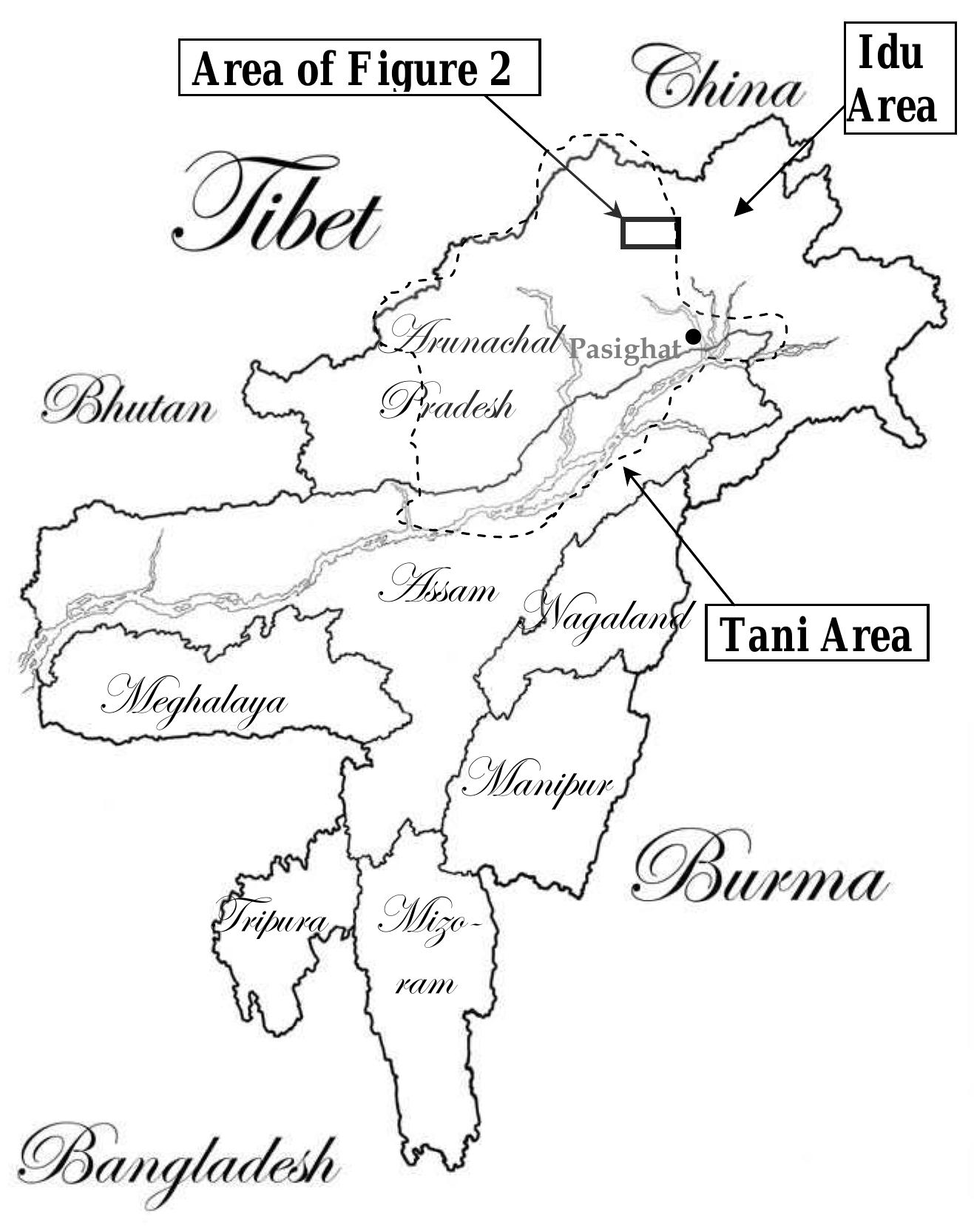 Figure 1 - North East India, showing the Tani cultural-linguistic area and the approximate location of the Milang area (see Figure 2) 